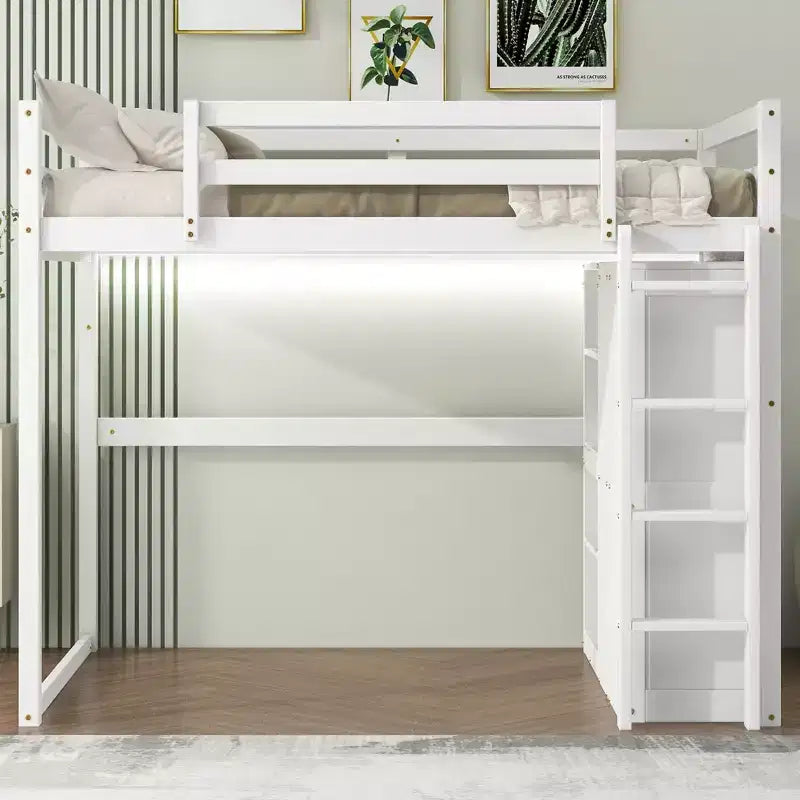 79.5''L 57.0''W Wood Full Size Loft Bed with Built-in Wardrobe, Storage Shelves and Led light