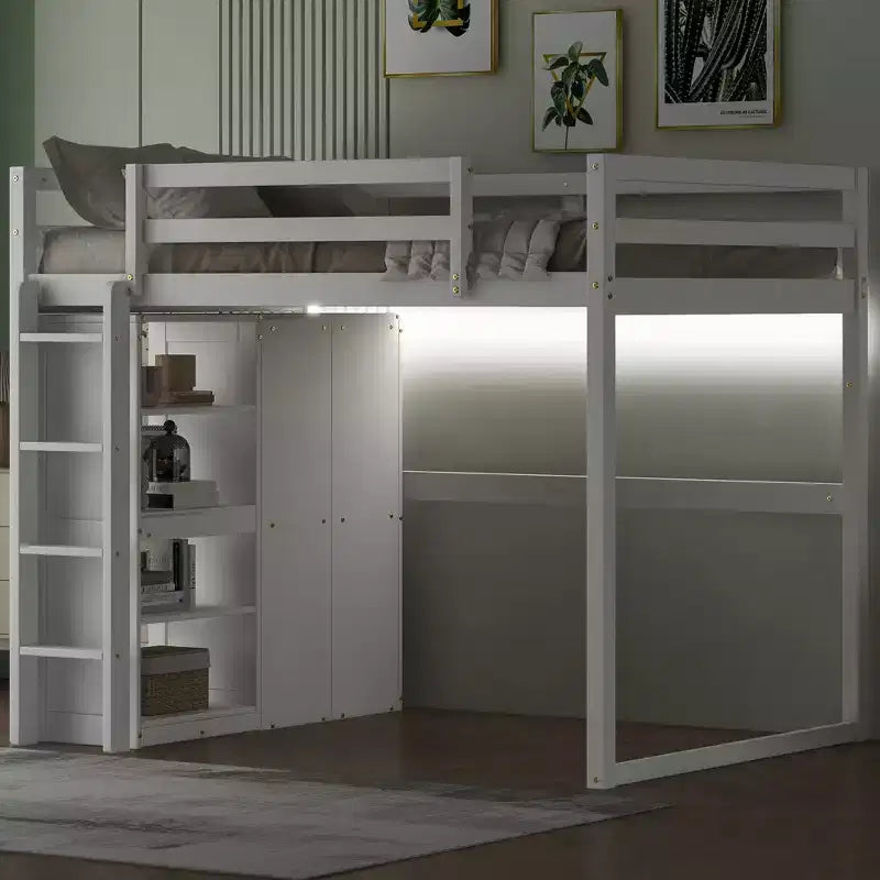 79.5''L 57.0''W Wood Full Size Loft Bed with Built-in Wardrobe, Storage Shelves and Led light