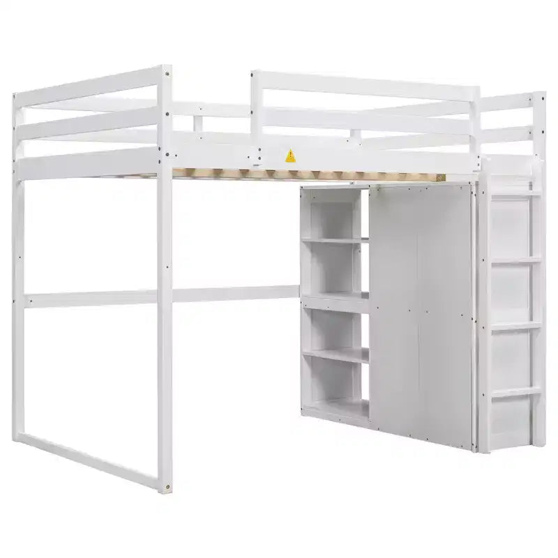 79.5''L 57.0''W Wood Full Size Loft Bed with Built-in Wardrobe, Storage Shelves and Led light