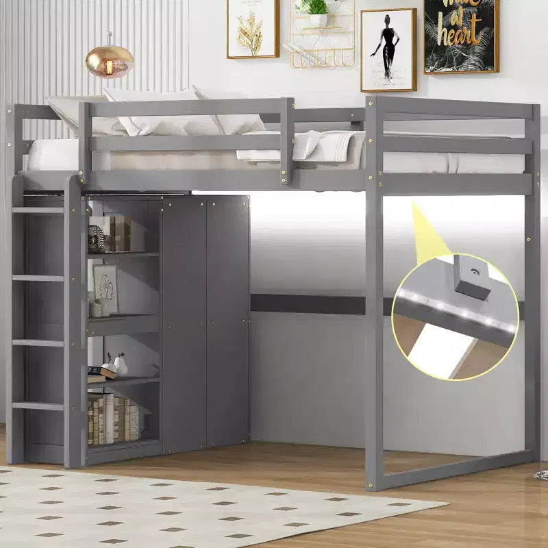 79.5''L 57.0''W Wood Full Size Loft Bed with Built-in Wardrobe, Storage Shelves and Led light
