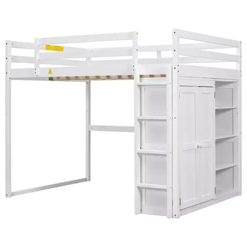 79.5''L 57.0''W Wood Full Size Loft Bed with Built-in Wardrobe, Storage Shelves and Led light