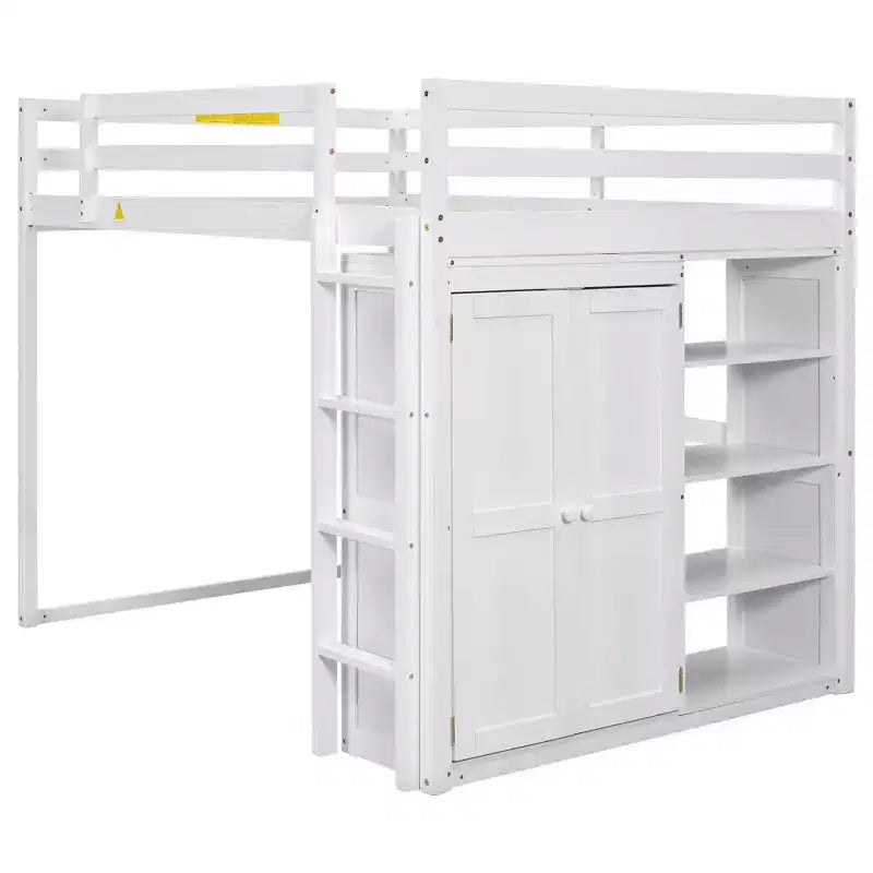 79.5''L 57.0''W Wood Full Size Loft Bed with Built-in Wardrobe, Storage Shelves and Led light