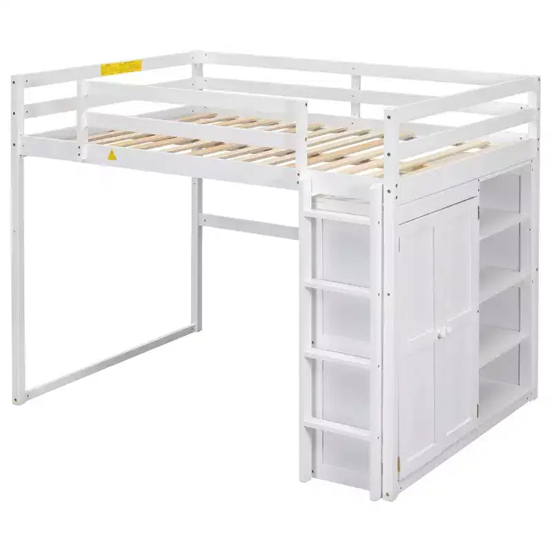 79.5''L 57.0''W Wood Full Size Loft Bed with Built-in Wardrobe, Storage Shelves and Led light