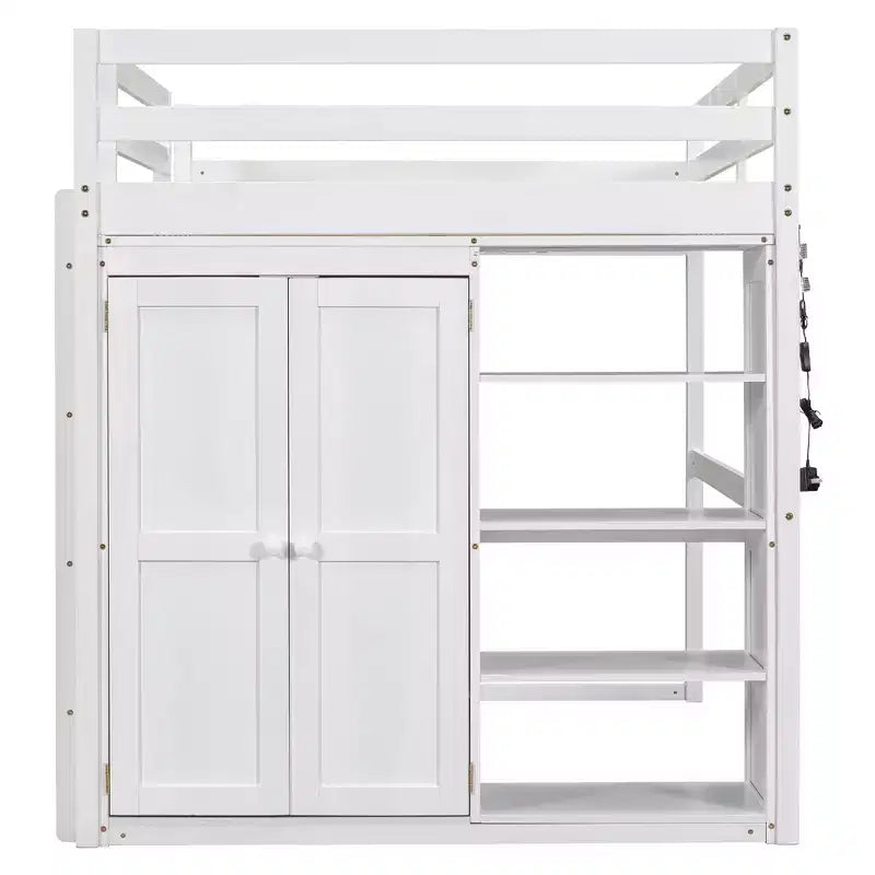 79.5''L 57.0''W Wood Full Size Loft Bed with Built-in Wardrobe, Storage Shelves and Led light
