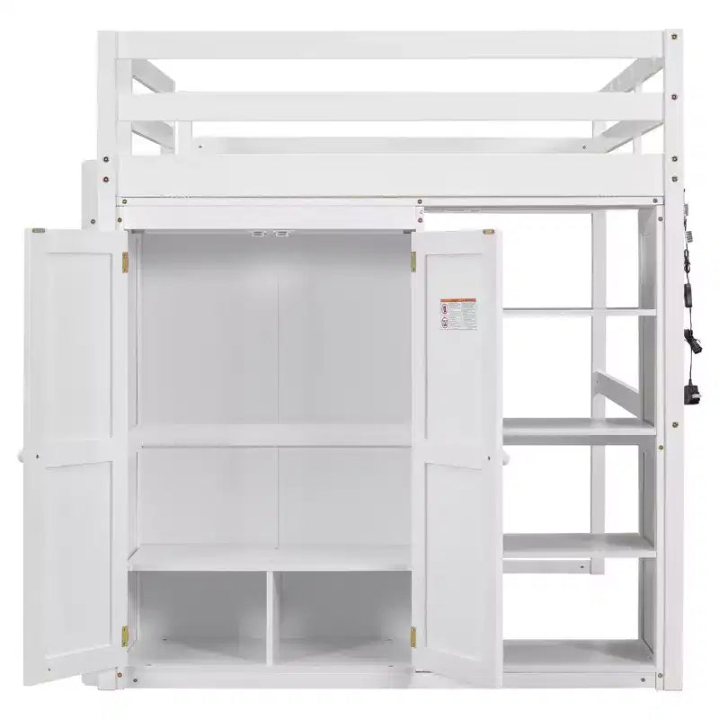 79.5''L 57.0''W Wood Full Size Loft Bed with Built-in Wardrobe, Storage Shelves and Led light