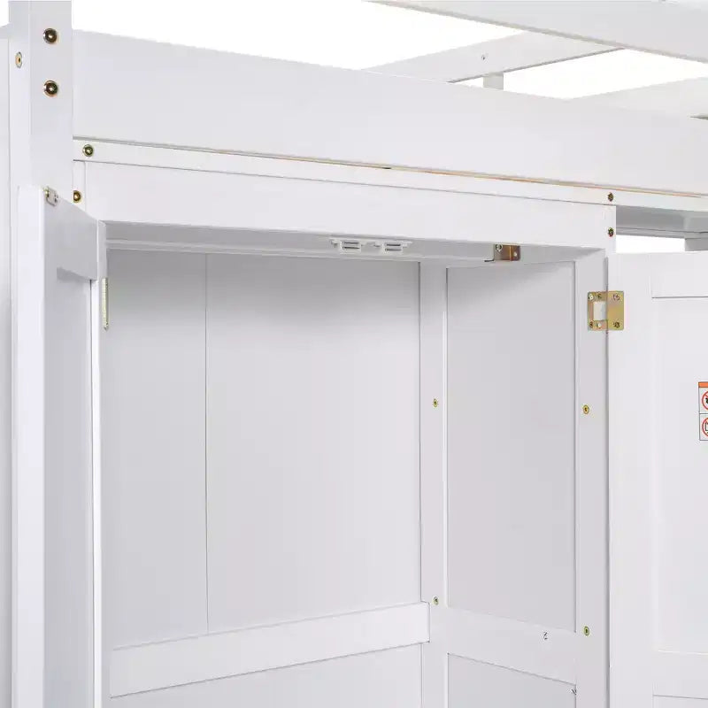 79.5''L 57.0''W Wood Full Size Loft Bed with Built-in Wardrobe, Storage Shelves and Led light