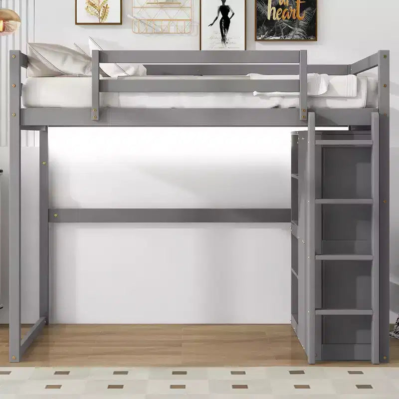 79.5''L 57.0''W Wood Full Size Loft Bed with Built-in Wardrobe, Storage Shelves and Led light