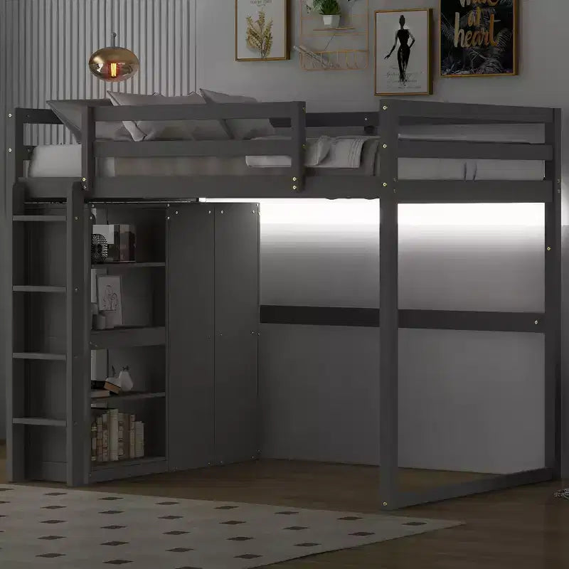 79.5''L 57.0''W Wood Full Size Loft Bed with Built-in Wardrobe, Storage Shelves and Led light