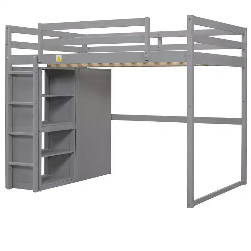 79.5''L 57.0''W Wood Full Size Loft Bed with Built-in Wardrobe, Storage Shelves and Led light