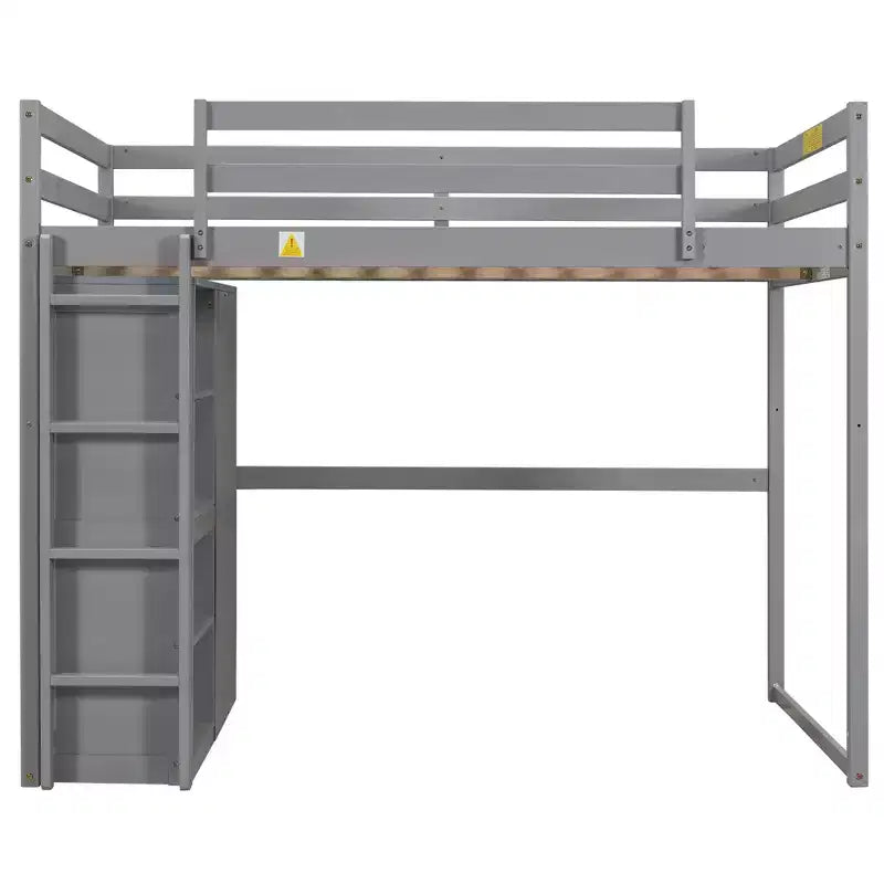 79.5''L 57.0''W Wood Full Size Loft Bed with Built-in Wardrobe, Storage Shelves and Led light