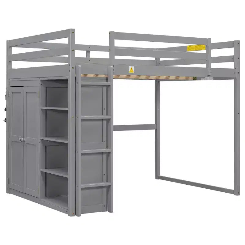 79.5''L 57.0''W Wood Full Size Loft Bed with Built-in Wardrobe, Storage Shelves and Led light
