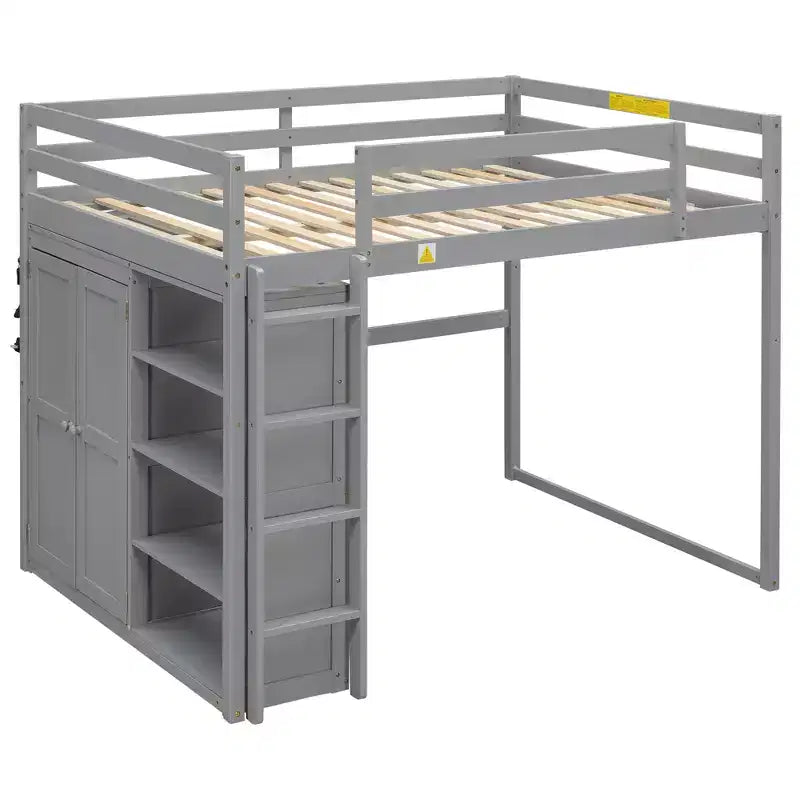79.5''L 57.0''W Wood Full Size Loft Bed with Built-in Wardrobe, Storage Shelves and Led light