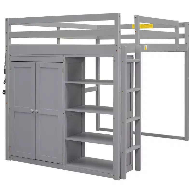 79.5''L 57.0''W Wood Full Size Loft Bed with Built-in Wardrobe, Storage Shelves and Led light