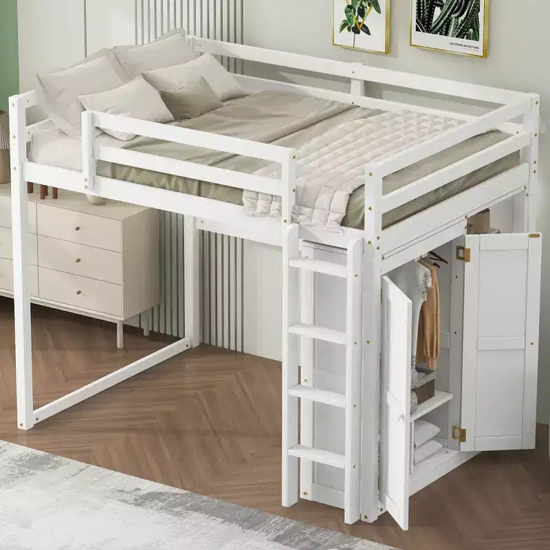 79.5''L 57.0''W Wood Full Size Loft Bed with Built-in Wardrobe, Storage Shelves and Led light