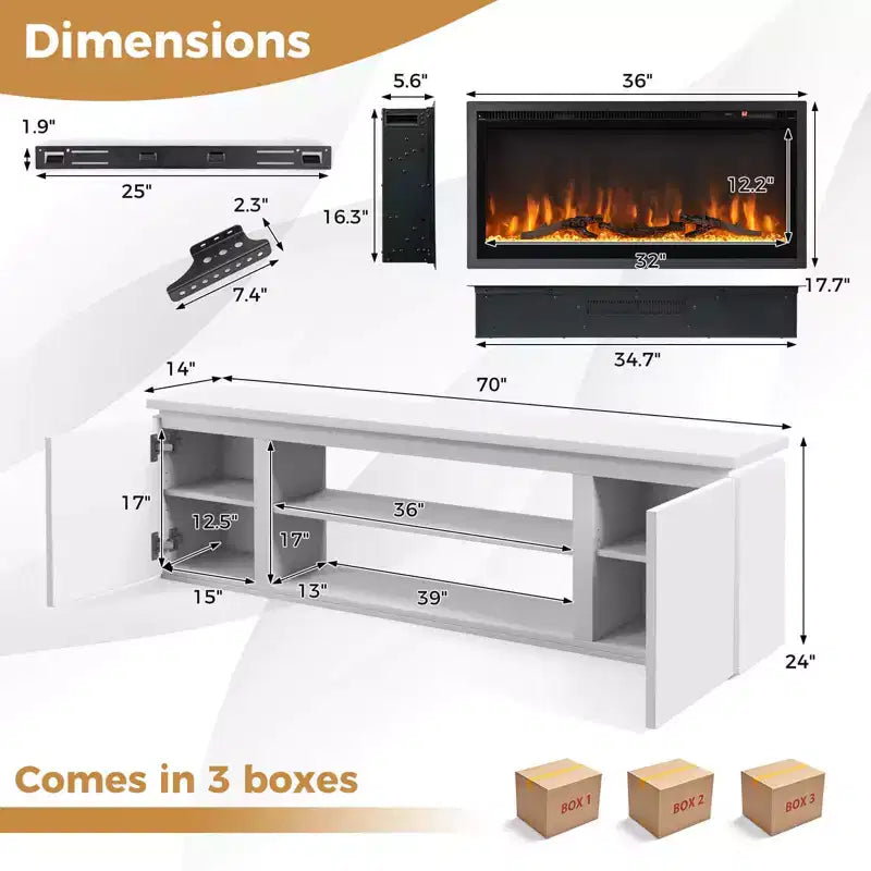 Fireplace TV Stand for TVs up to 80 with Electric Fireplace 3 Adjustable Shelves Black/White