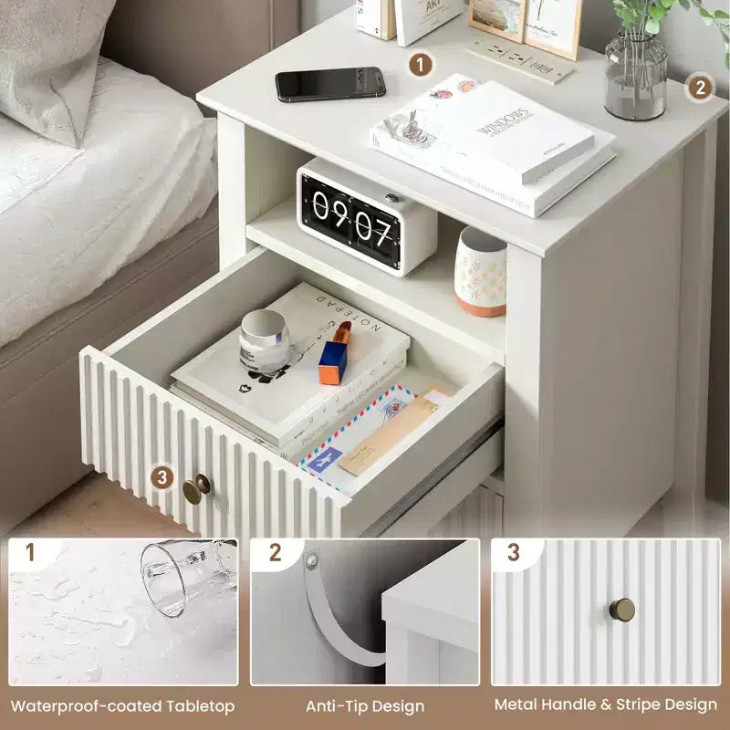 Fluted Nightstand with Charging Station, End Table with 2 Silent Slide Drawers & Storage Shelf, Ideal for Living Room, Bedroom