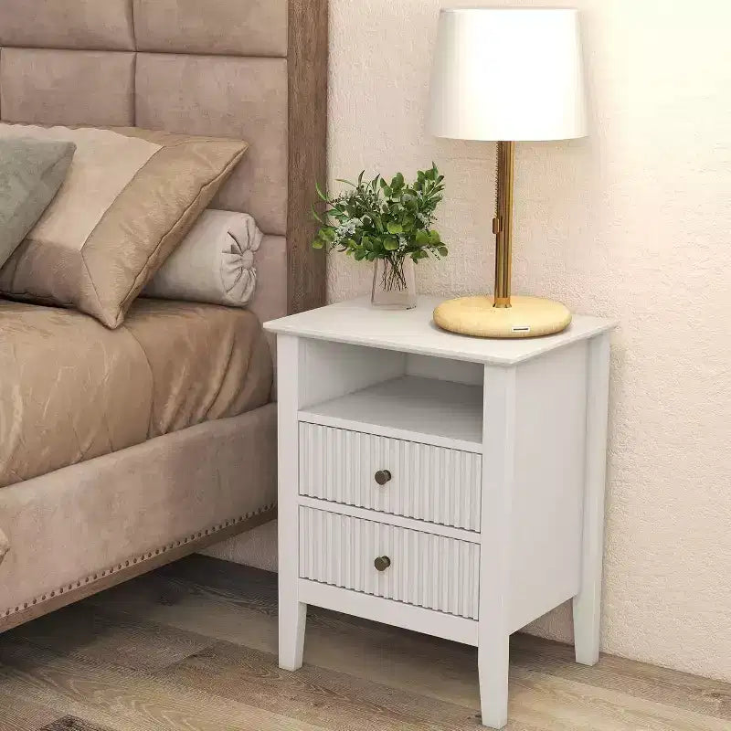 Fluted Nightstand with Charging Station, End Table with 2 Silent Slide Drawers & Storage Shelf, Ideal for Living Room, Bedroom
