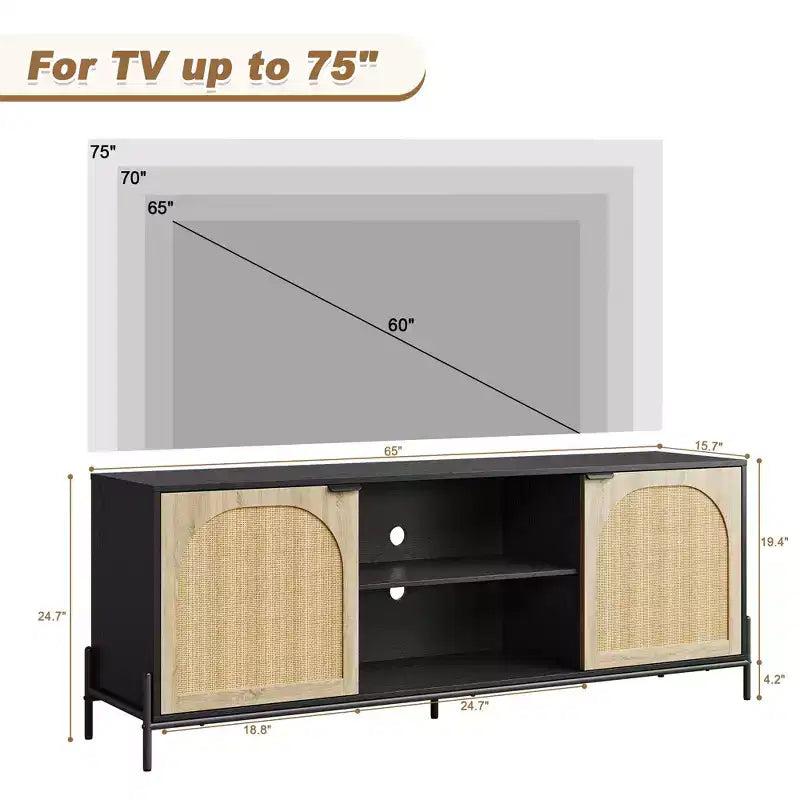 Rattan TV Stand for 75 inch TV, Entertainment Center with Storage, 65 Inch TV Console Table for Living Room, Bedroom