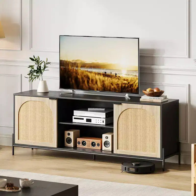 Rattan TV Stand for 75 inch TV, Entertainment Center with Storage, 65 Inch TV Console Table for Living Room, Bedroom