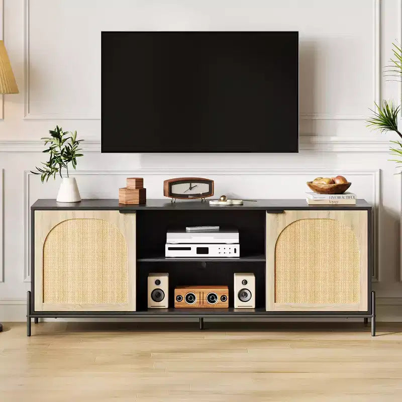 Rattan TV Stand for 75 inch TV, Entertainment Center with Storage, 65 Inch TV Console Table for Living Room, Bedroom