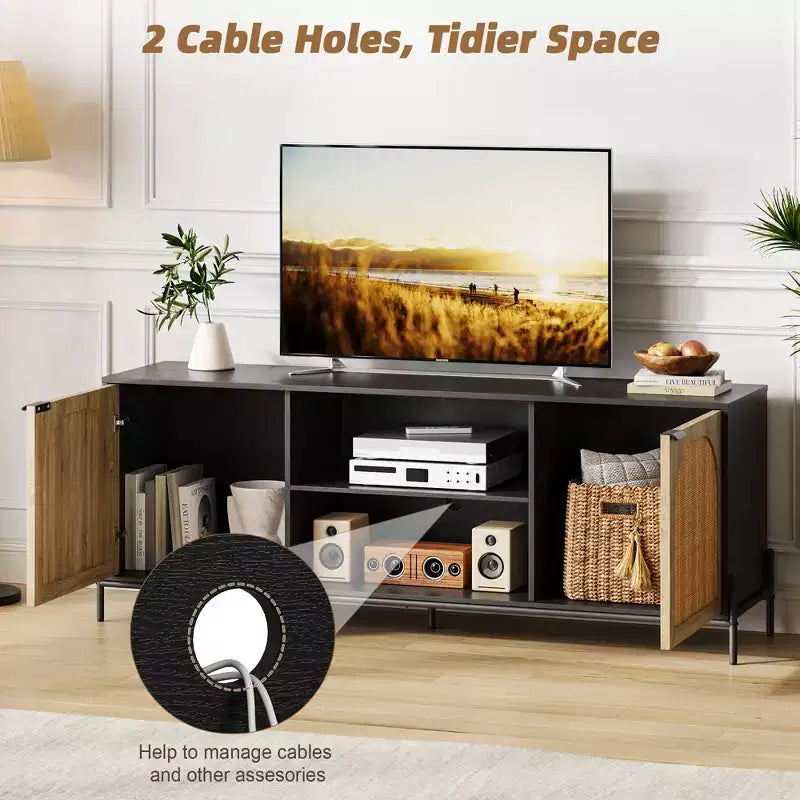 Rattan TV Stand for 75 inch TV, Entertainment Center with Storage, 65 Inch TV Console Table for Living Room, Bedroom