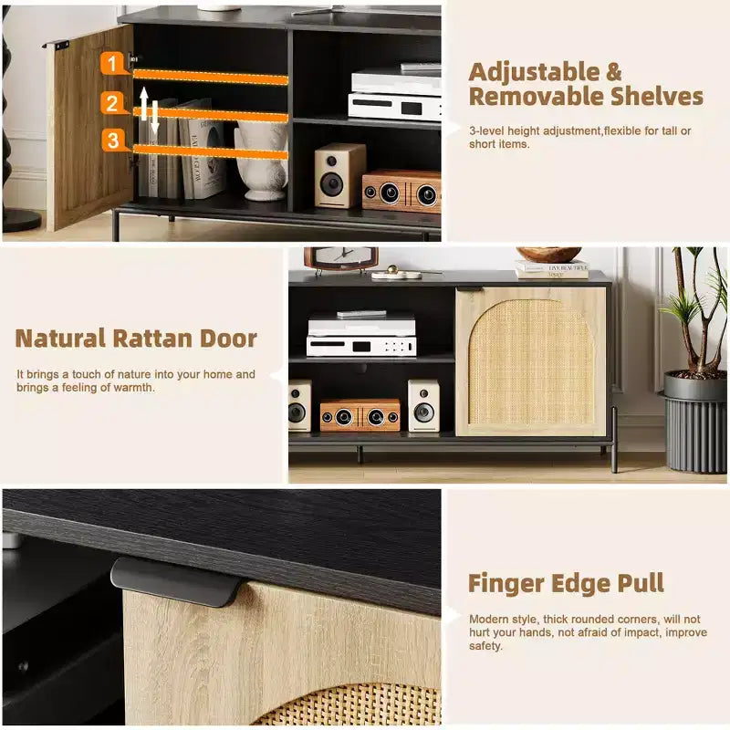 Rattan TV Stand for 75 inch TV, Entertainment Center with Storage, 65 Inch TV Console Table for Living Room, Bedroom