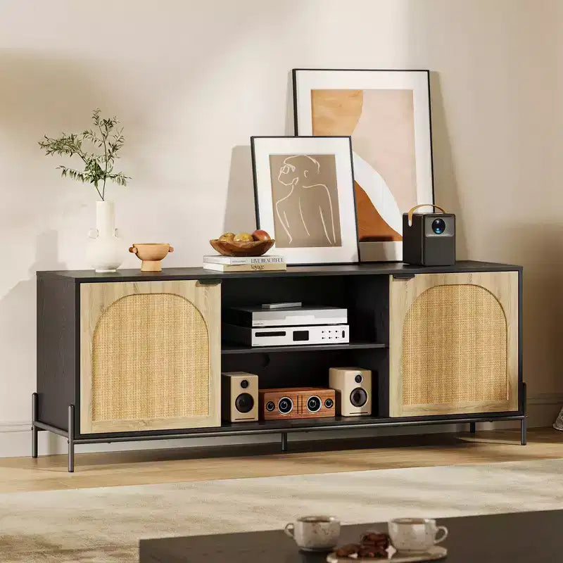 Rattan TV Stand for 75 inch TV, Entertainment Center with Storage, 65 Inch TV Console Table for Living Room, Bedroom