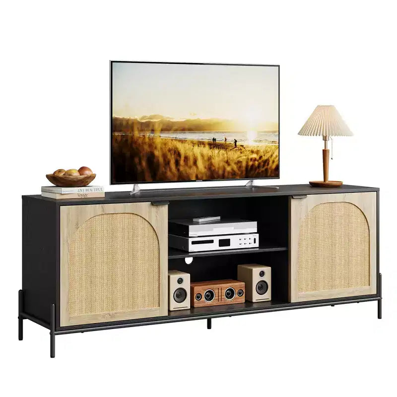 Rattan TV Stand for 75 inch TV, Entertainment Center with Storage, 65 Inch TV Console Table for Living Room, Bedroom