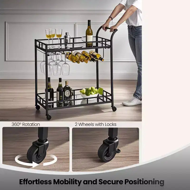 Bar Cart, Home Bar Serving Cart, Wine Cart With 2 Mirrored Shelves, Wine Holders, Glass Holders, For Kitchen, Dining Room