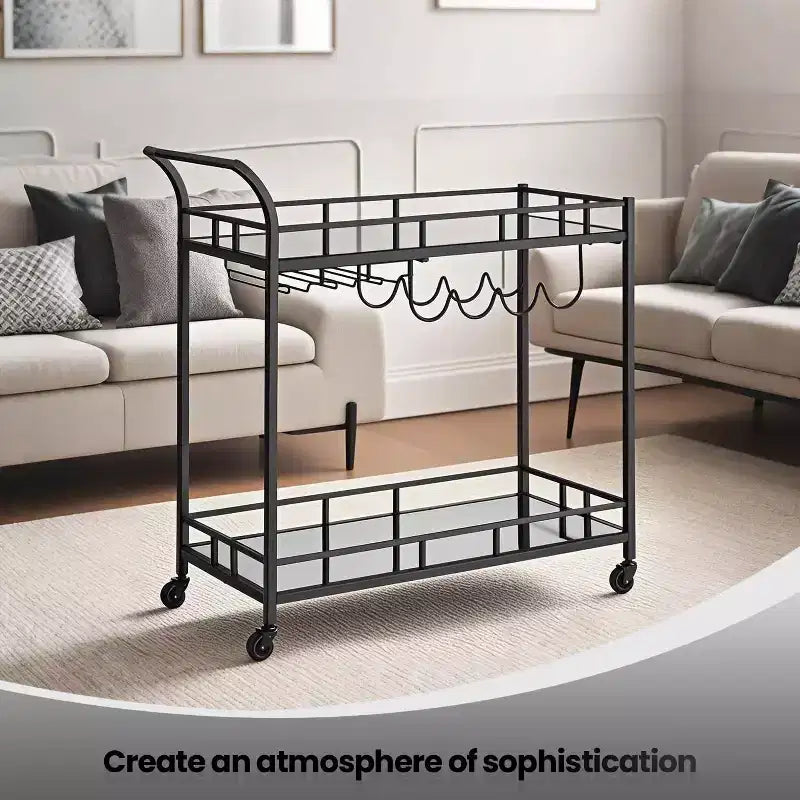 Bar Cart, Home Bar Serving Cart, Wine Cart With 2 Mirrored Shelves, Wine Holders, Glass Holders, For Kitchen, Dining Room