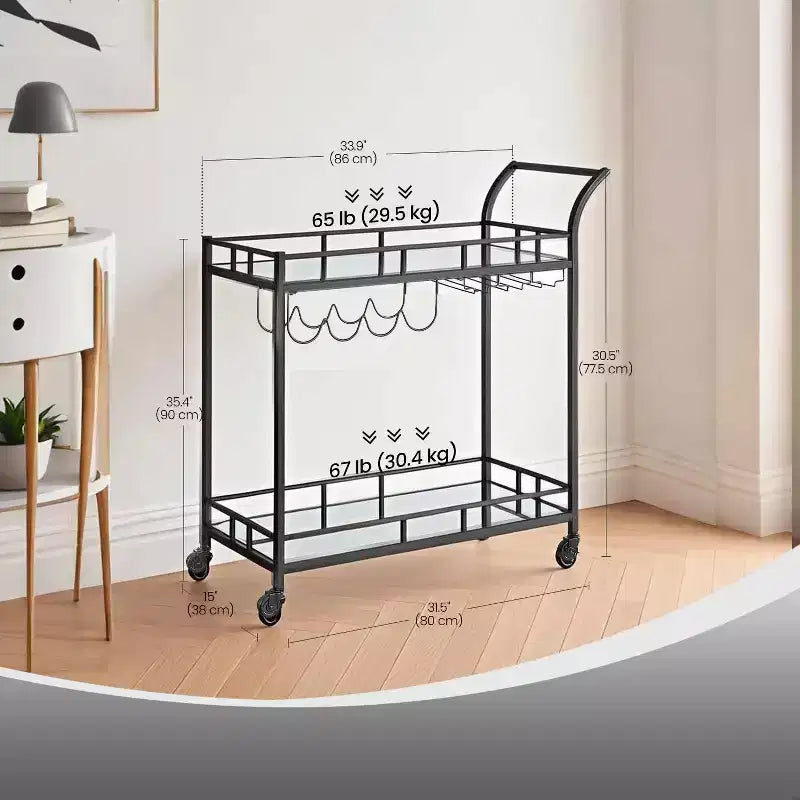 Bar Cart, Home Bar Serving Cart, Wine Cart With 2 Mirrored Shelves, Wine Holders, Glass Holders, For Kitchen, Dining Room