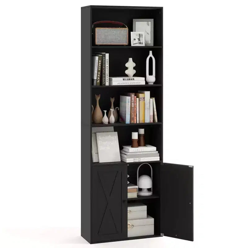 71 Farmhouse Bookcase with Doors with 6 Shelves & 2-Door Cabinet for Bedroom White/Black