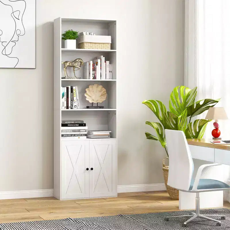 71 Farmhouse Bookcase with Doors with 6 Shelves & 2-Door Cabinet for Bedroom White/Black