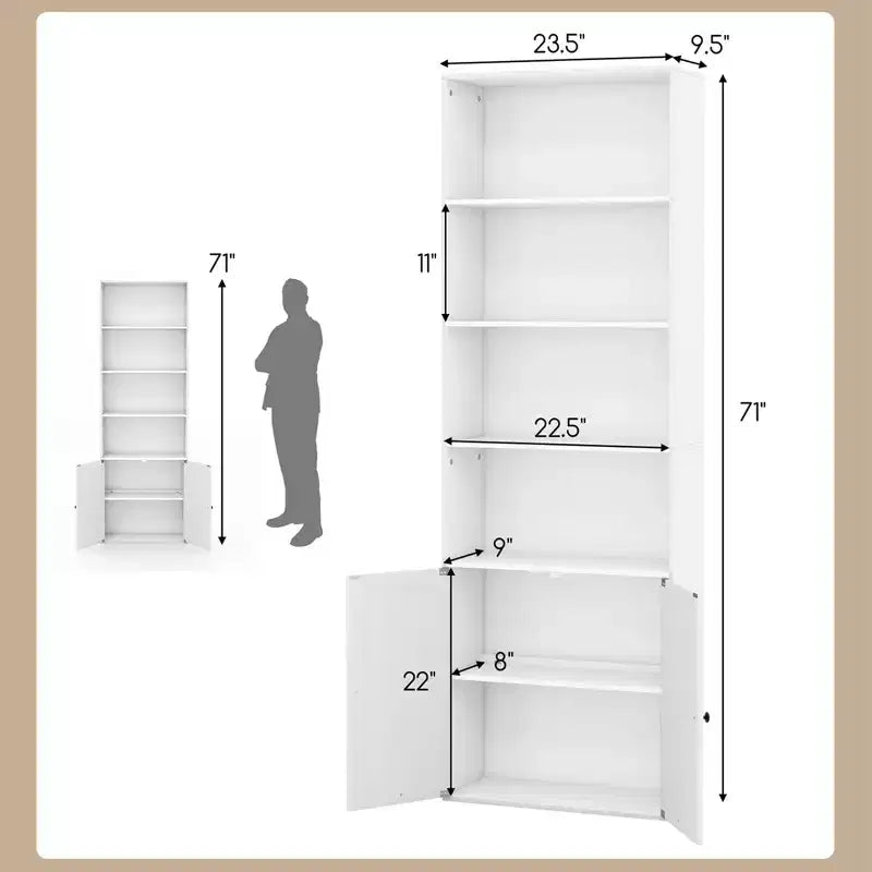 71 Farmhouse Bookcase with Doors with 6 Shelves & 2-Door Cabinet for Bedroom White/Black