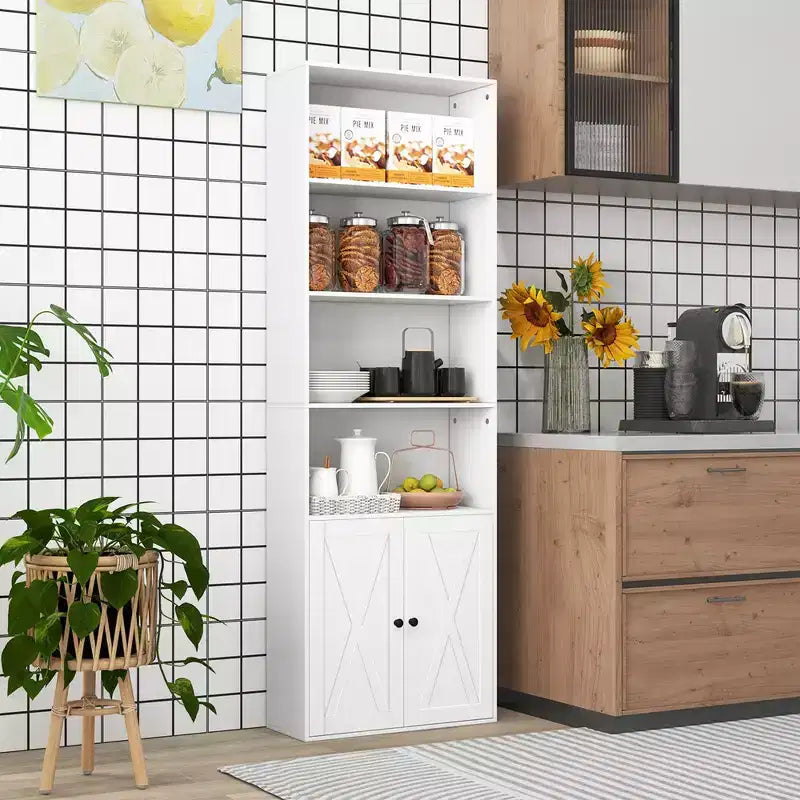 71 Farmhouse Bookcase with Doors with 6 Shelves & 2-Door Cabinet for Bedroom White/Black