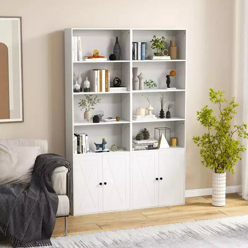 71 Farmhouse Bookcase with Doors with 6 Shelves & 2-Door Cabinet for Bedroom White/Black