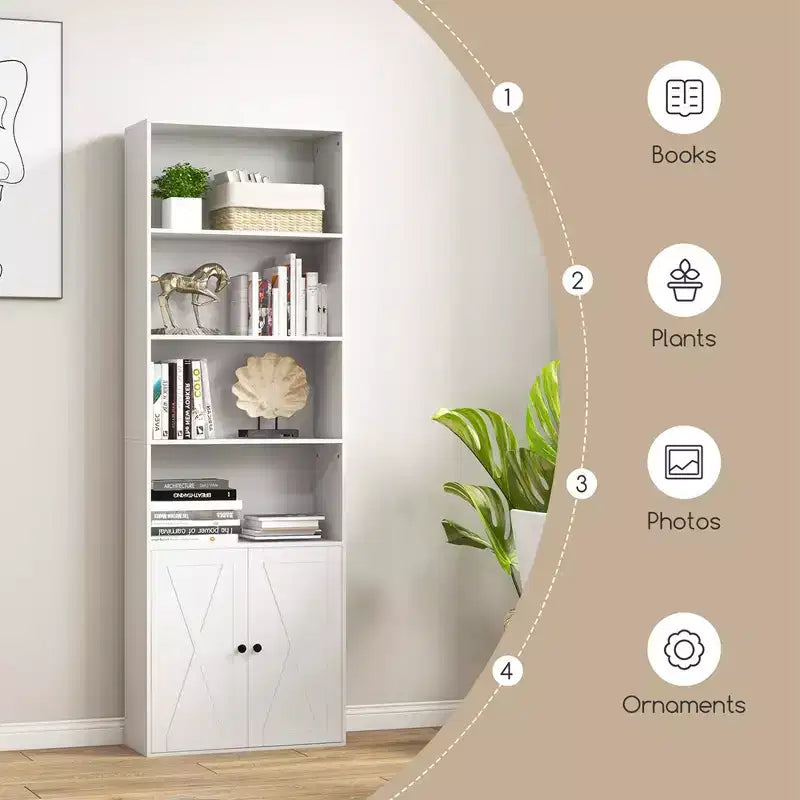 71 Farmhouse Bookcase with Doors with 6 Shelves & 2-Door Cabinet for Bedroom White/Black