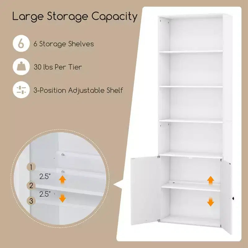 71 Farmhouse Bookcase with Doors with 6 Shelves & 2-Door Cabinet for Bedroom White/Black