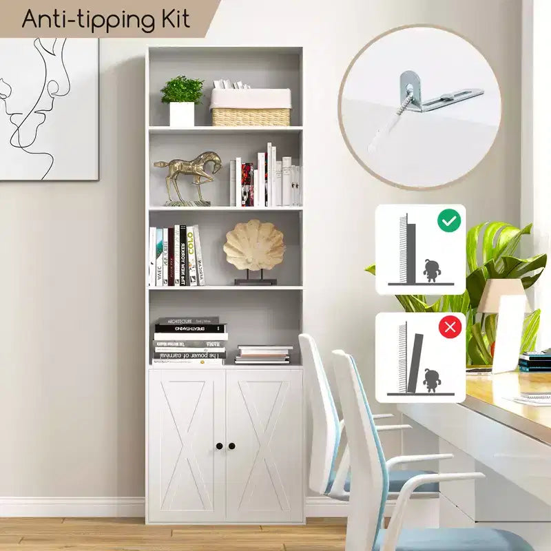 71 Farmhouse Bookcase with Doors with 6 Shelves & 2-Door Cabinet for Bedroom White/Black