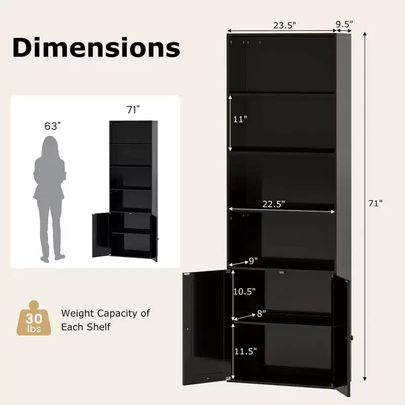 71 Farmhouse Bookcase with Doors with 6 Shelves & 2-Door Cabinet for Bedroom White/Black