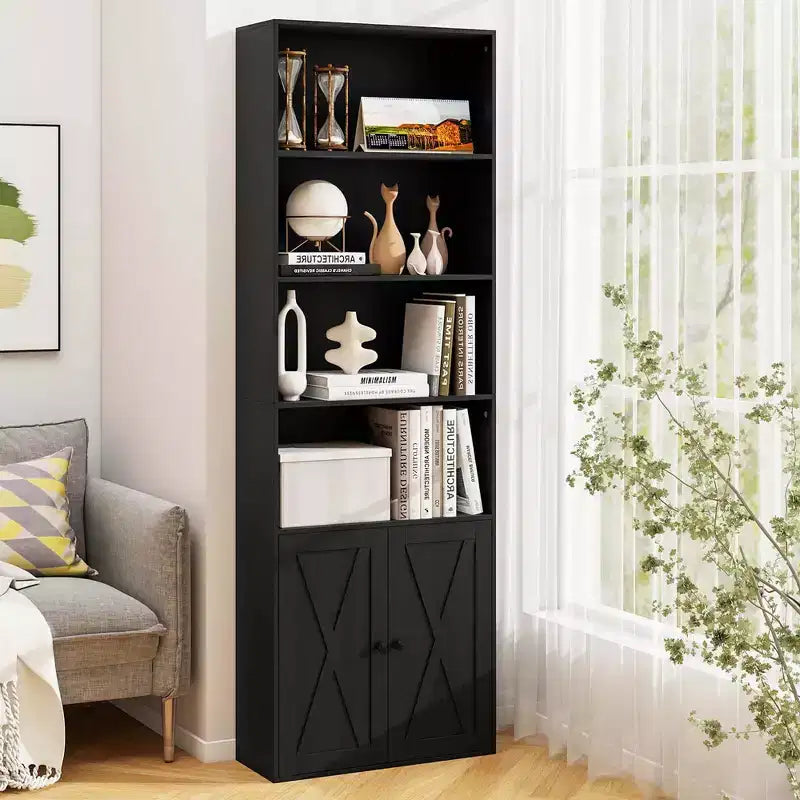 71 Farmhouse Bookcase with Doors with 6 Shelves & 2-Door Cabinet for Bedroom White/Black