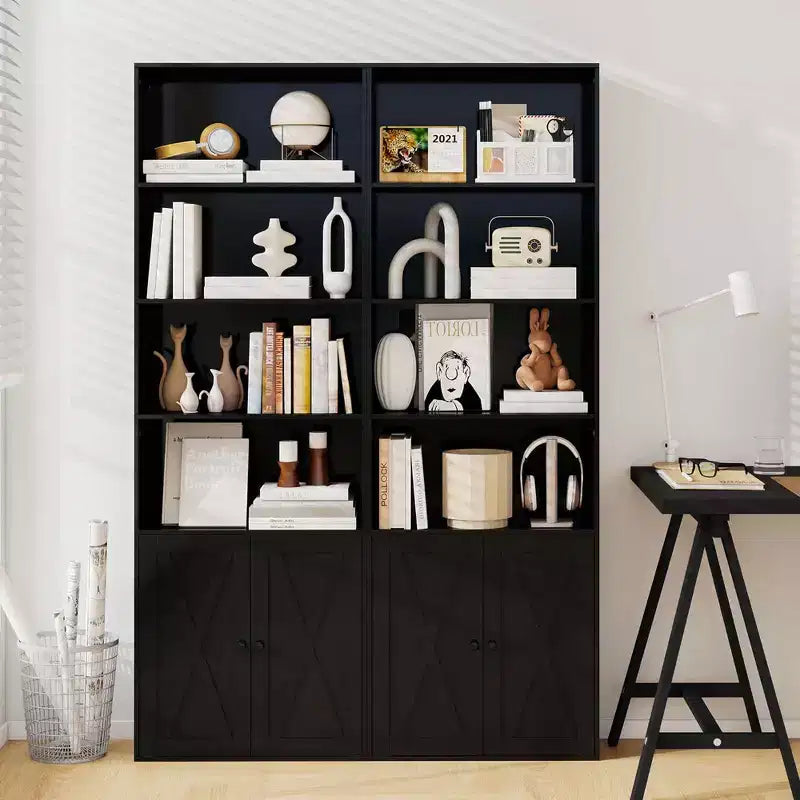 71 Farmhouse Bookcase with Doors with 6 Shelves & 2-Door Cabinet for Bedroom White/Black
