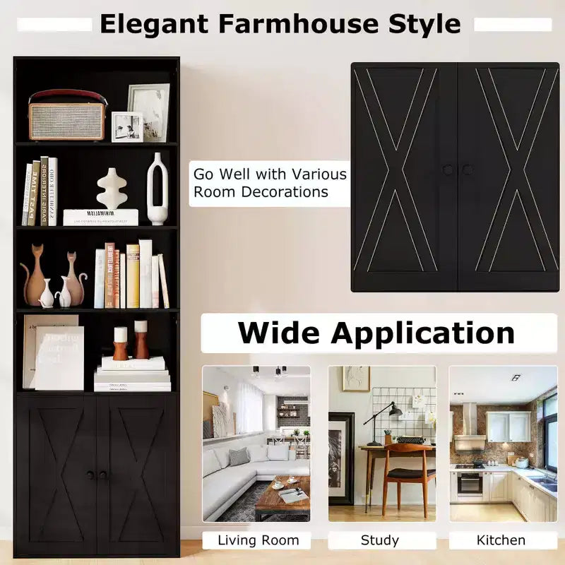 71 Farmhouse Bookcase with Doors with 6 Shelves & 2-Door Cabinet for Bedroom White/Black