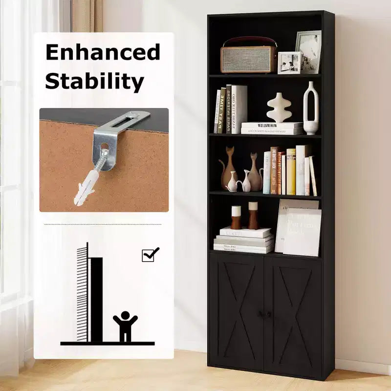 71 Farmhouse Bookcase with Doors with 6 Shelves & 2-Door Cabinet for Bedroom White/Black