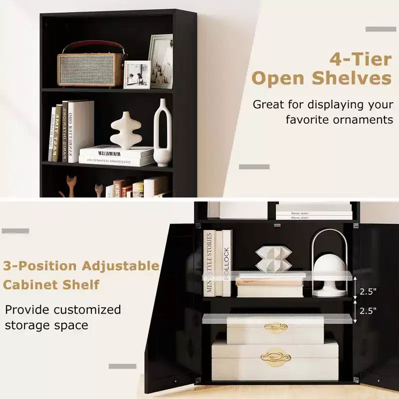 71 Farmhouse Bookcase with Doors with 6 Shelves & 2-Door Cabinet for Bedroom White/Black