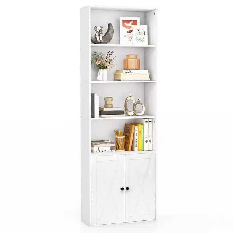71 Farmhouse Bookcase with Doors with 6 Shelves & 2-Door Cabinet for Bedroom White/Black
