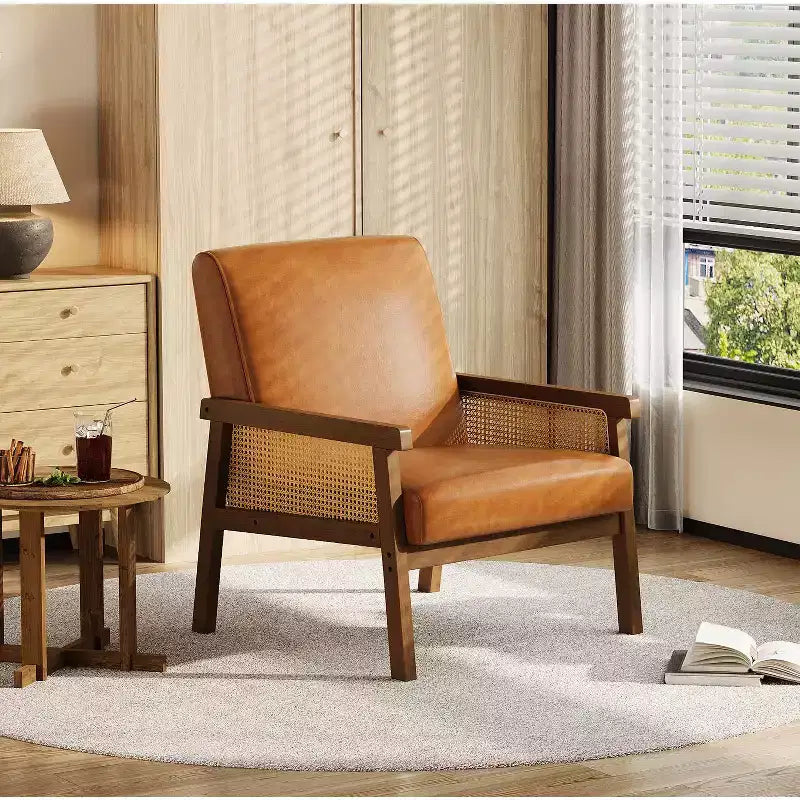 Modern High Back Wood Frame Accent Chair with 300lb Capacity - Upholstered Rattan or PU Leather Armchair for Living Room