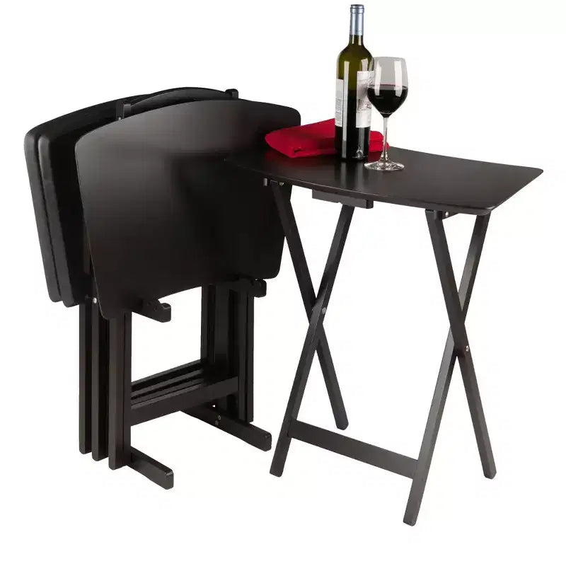 5pc Fan Shape Snack Table Coffee: Solid Wood Folding Tables, Beveled Edges, Storage Rack