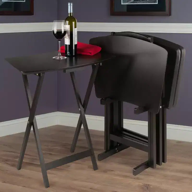 5pc Fan Shape Snack Table Coffee: Solid Wood Folding Tables, Beveled Edges, Storage Rack