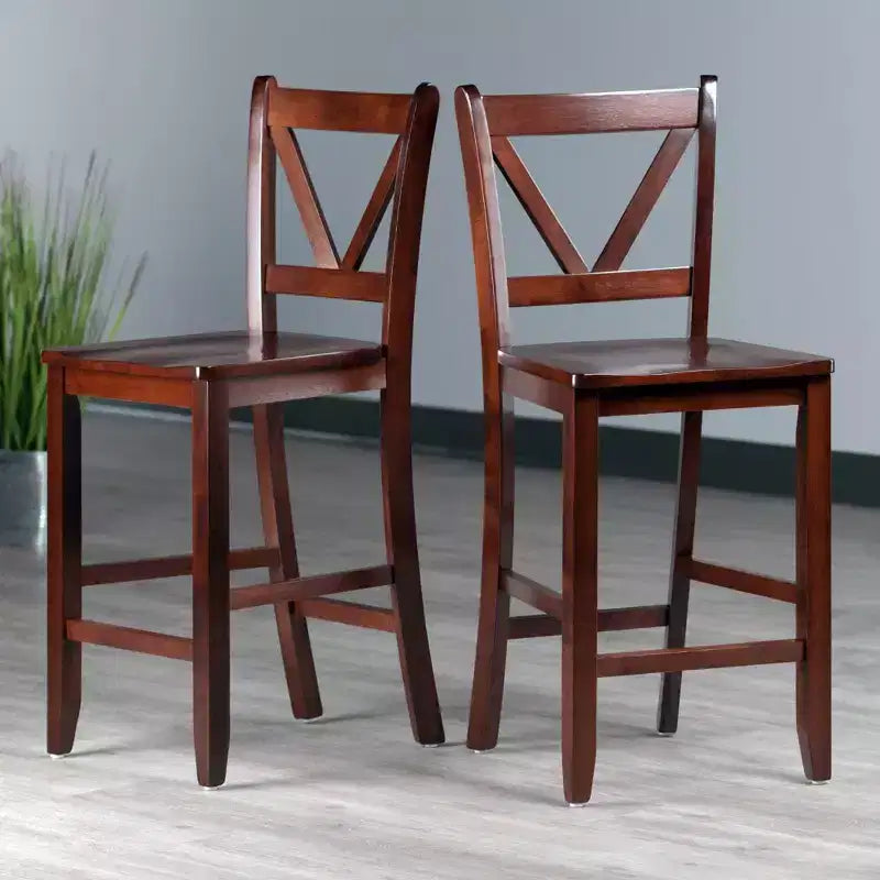 24" Set of 2 V-Back Counter Height Barstool Wood/Walnut